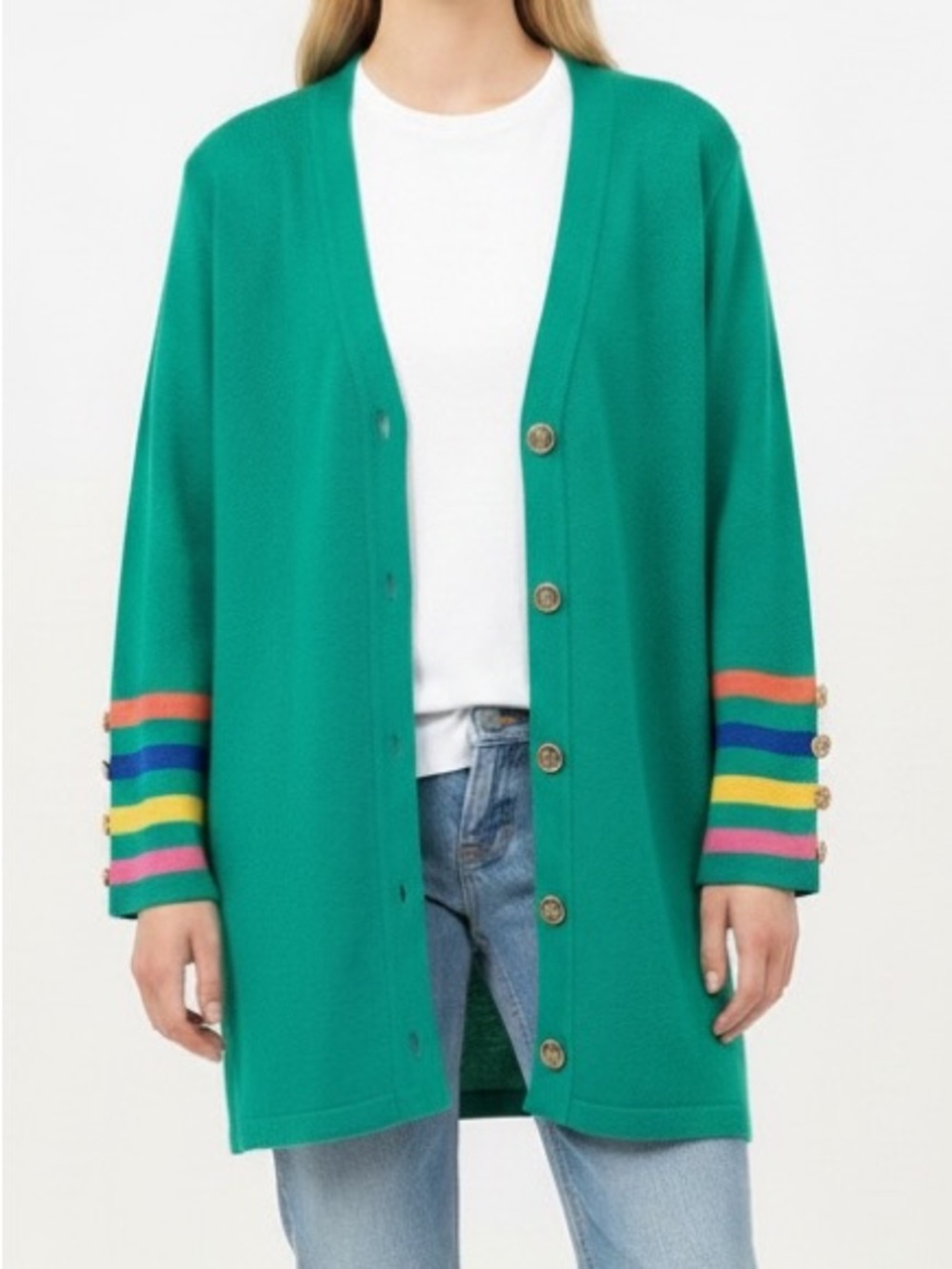 Vtg 80s Emerald Green Rainbow Striped Gold Button Cardigan Sweater Ami Knits 12